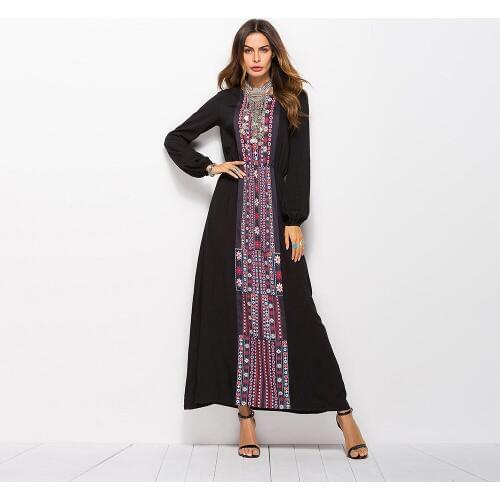 New Printed Elastic Waist Long Sleeve Dress Summer Round Neck Ankle-length Long Dress