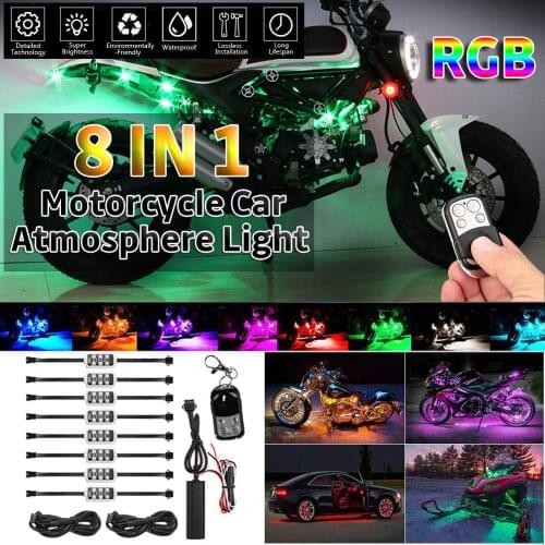 New RGB 48LED Smart Brake Lights Motorcycle Car Atmosphere Light with Wireless Remote Control Moto Decorative Strip Lamp Kit CSV