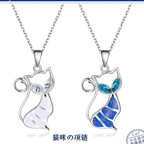 Fashion Women Animal Necklace Jewelry Cat White Fire Opal Charm Pendant Necklace Chain Jewelry