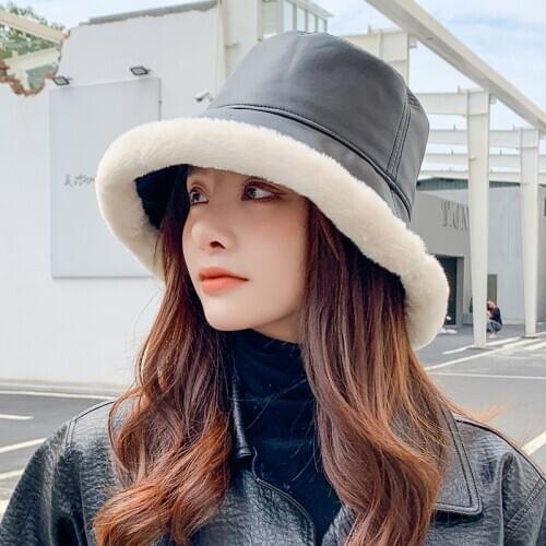 Black Leather Bucket Hat Women Winter 2020 Autumn Faux Fur Furry Bob Chapeau Femme Fashion Korean Fishing Cap Fisherman Hats