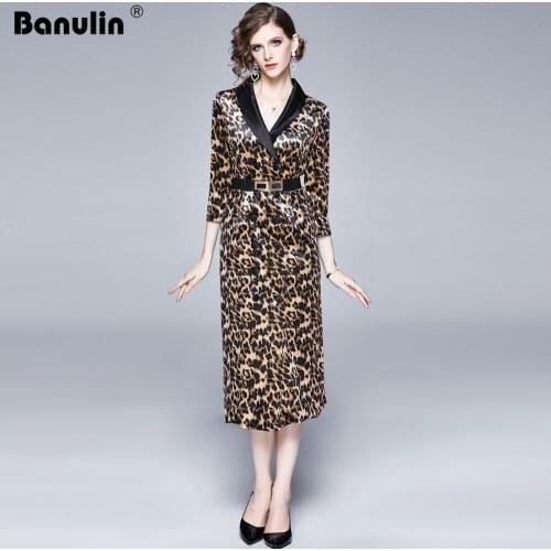 Banulin Runway Autumn Winter Long Sleeve Long Dress Womens Notched Neck Vintage Leopard Printed Office Lady Dresses Vestdios