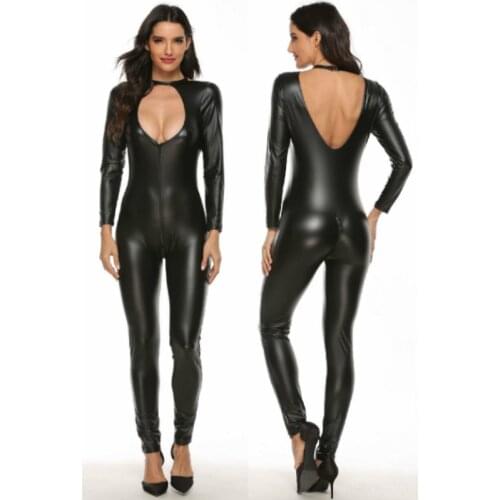 Sexy Lingerie Leather Latex Catsuit Breast Exposing Bodycon Female Bodysuit Plus Size Erotic Women Jumpsuit Backless Leotard Sex