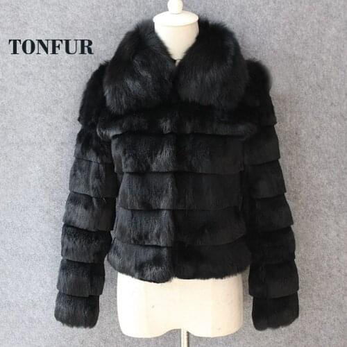New Brand Fur Women Stripe Whole Rabbit Fur Coat With Luxury Big Natural Fox Fur Collar Jacket Wholesale Retail Fur SR180
