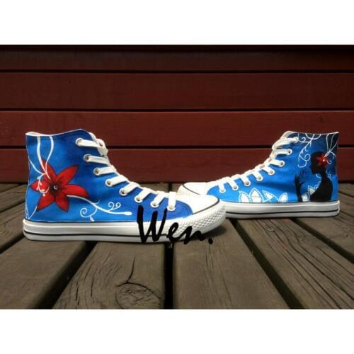 Wen Blue Original Hand Painted Shoes Design Custom Flowers Women Mens High Top Canvas Sneakers for Birthday Gifts