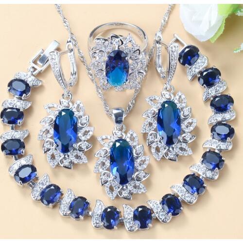 Bridal Costume Jewelry Sets With Natural Stone CZ Blue Dangle Earrings Bracelet And Ring For Women Jewelry