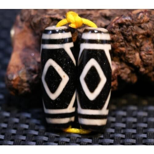 Treasure Talisman pair of Magic Energy Tibetan old Agate 2 eye Tiger-tooth totem dZi Bead 38*13mm FR ZZY timestown