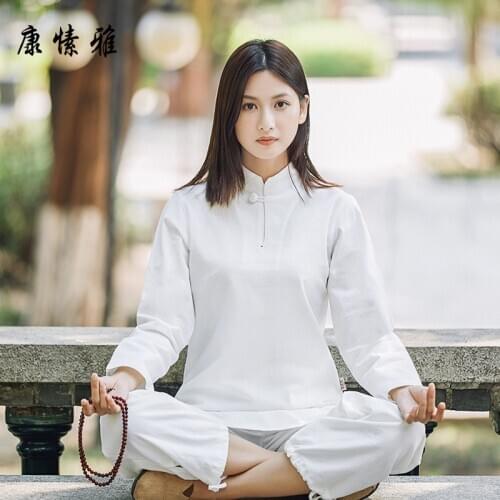 Spring Women Yoga Set Cotton Linen Yoga Shirts Loose Wide Leg Yoga Pants Tai Chi Martial Arts Kungfu Meditation Uniforms Clothes