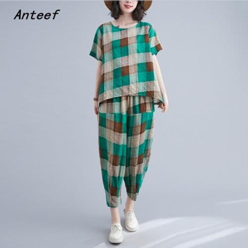 Cotton vintage summer casual 2 two piece set loose tee t shirt women t-shirt ladies tshirt 2021 tops Harem pants