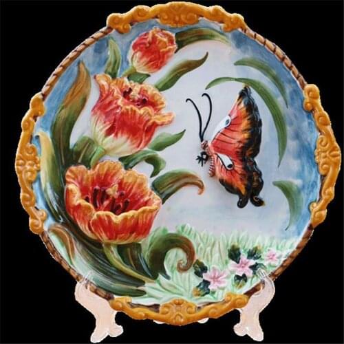 WU CHEN LONG Ceramic Tulip Butterfly Decor Wall Dishes Porcelain Decor Plates Vintage Home Decor Craft Decoration Figurine R2282