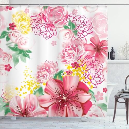 Floral Shower Curtain Set Exotic Peony Flowers and Leaves Motif Curtain for Bathroom Decor 12 Hooks Decorative Bath Accessory
