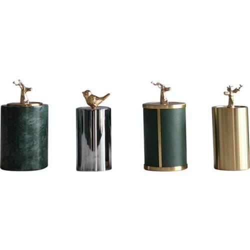 Green Cylindrical Marble Pressed Toothpick Box Dining Room Living Room Desktop Decor Metal Bird Elk Ornament Toothpick Holder