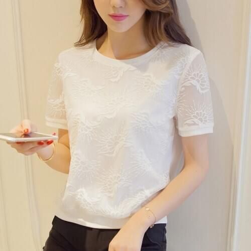 Women Spring Summer Style Lace Chiffon Blouses Shirts Lady Casual Short Sleeve O-Neck Chiffon Blusas Tops ZZ0845