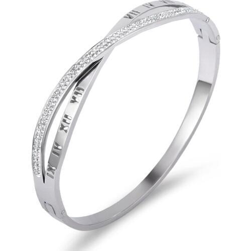 Korean Roman Numerals CZ Crystals Cross Buckle Bracelets & Bangles Female Personality Titanium Steel X Pulseira For Women
