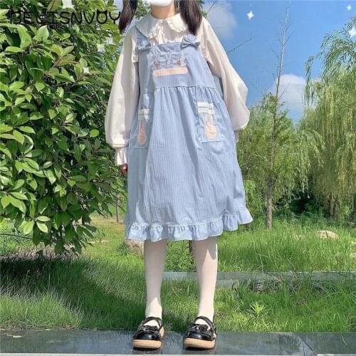 Japanese Lolita Style Women Blue Sundress Suspenders Loose Embroidery Bunny Pockets Sleeveless Dress Cute Kawaii Ruffles Dress