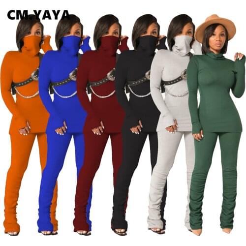 CM.YAYA Activewear Sweatsuit Two 2Piece Set for Women Fitness Outfit Turtleneck Tops + Stacked Flare Pants Set Street Tracksuit