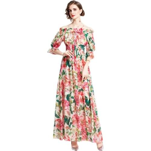 2021 New Runway Summer Boho Maxi Holiday Beach Dress Women O Neck Flower Print Chiffon Bow Ruffles Flare Sleeve Long Dress