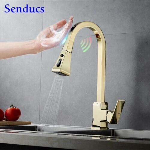 Gold Touch Kitchen Faucets Senducs Hot Cold Kitchen Mixer Tap Sensor Pull Out Kitchen Sink Faucet Brass Touch Kitchen Faucets