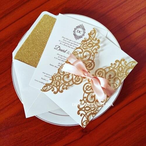 50pc/lot Gold Wedding Cards with Glittery Envelope Silver Champagne Blue Personalized Print Invitations for Bridal Shower Party