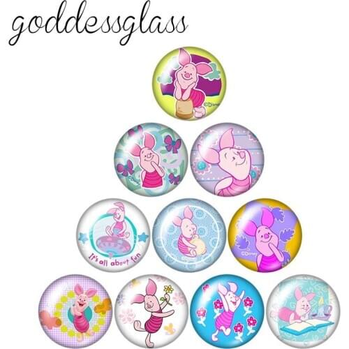 Disney Pooh Cartoon Cute Piglet Gift 10pcs 12mm/18mm/20mm/25mm Round photo glass cabochon flat back Necklace Making findings