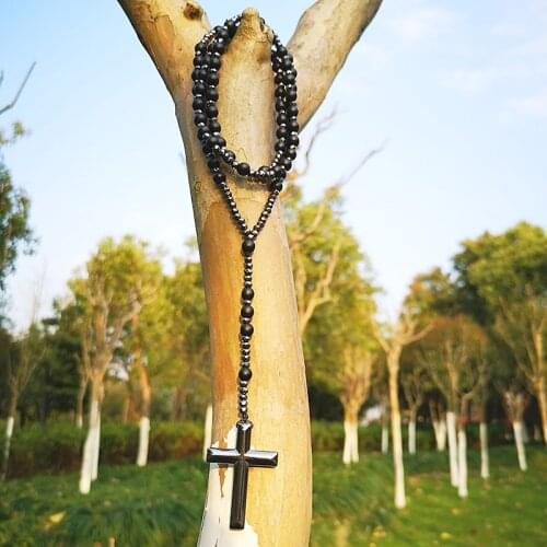 100pcs/pack Black Beads Rosary Shiny Hematite Long Necklace with Cross Pendant for Men and Women