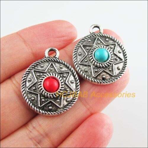 8Pcs Tibetan Silver Tone Star Red & Blue Stone Round Flower Charms Pendants 22x26.5mm