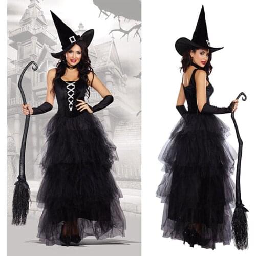 Black Gothic Witch Costume For Adult Women Purim Halloween Cosplay Party Wizards Fancy Dress