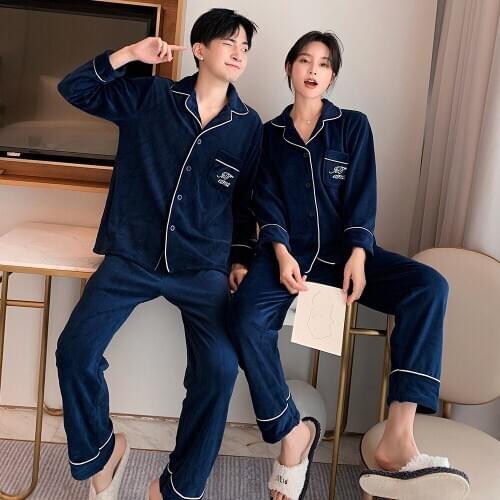 Double-sided coral velvet home clothes island velvet pajamas female couples long-sleeved trousers embroidered suit men