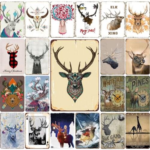 Artistic Elk & Merry Christmas Vintage Retro Metal Sign Xmas Elk Camp Animal Shabby Chic Decor for Kids Gift Bar Door Sign