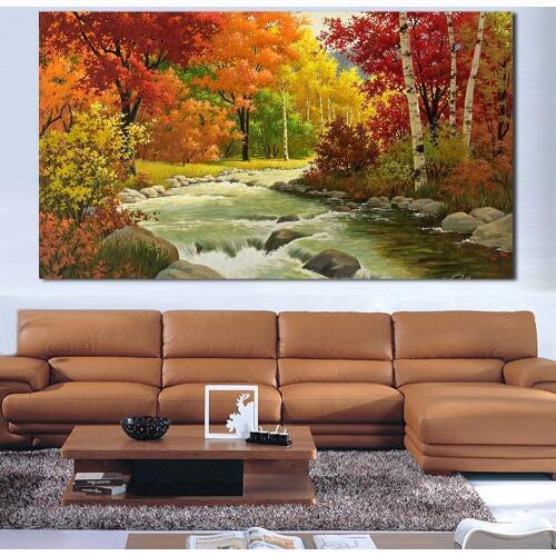 JQHYART Home Decor Oil Painting Autumn Landscape Painting River Wood Wall Pictures For Living Room Paintings On Canvas No Frame