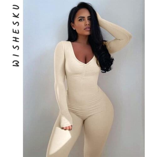 Ruched Classic Jumpsuit Women V-neck Cleavage Long Sleeve Rompers Skinny One Piece Body-shaping Outfits 2021 Autumn Overalls