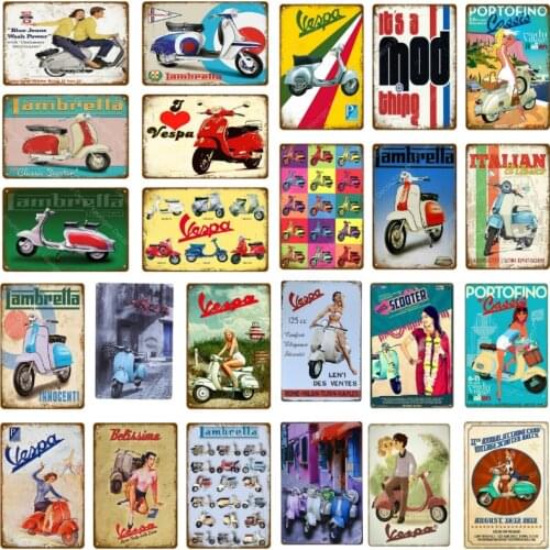 Mod Metal Sign Italian Vespa Scooter Lambretta Vintage Poster Classic Electrombile Electrocar Wall Sticker Car Garage YJ004