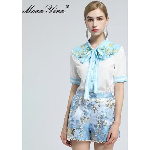 MoaaYina Fashion Designer Set Spring Women Short Sleeve Print Blouses Tops+Jacquard Beading Shorts Two-piece suit