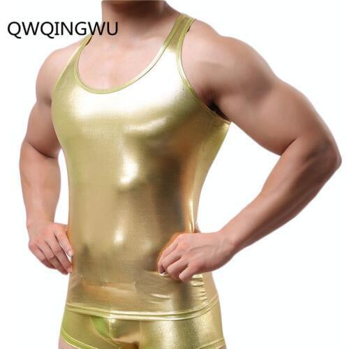 Punk Style Mens Shiny Undershirt Tops Club Wear O Neck Fancy Pullover Slim Fitting PVC Leather T Shirt Cool Men Undershirt