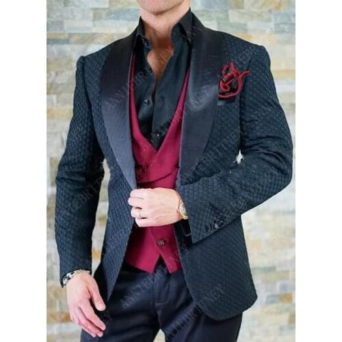 Men Waffle Plaid Suits Prom Tuxedo Slim Fit 3 Piece Groom Wedding Suits For Men Custom Blazer (Jacket +Vest +Pant)