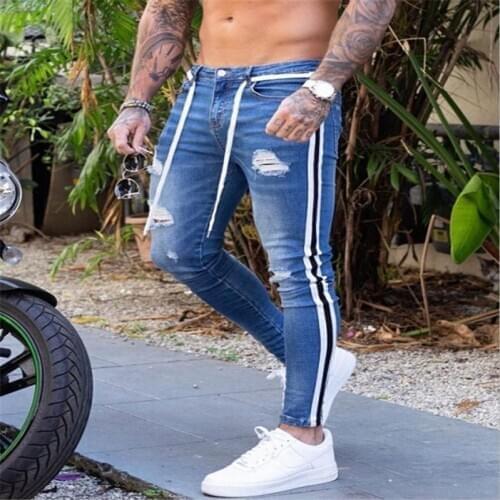 Mens Skinny Ripped Jeans 2020 Gothic Destroyed Fashion Comfy Stretch Stripe Trim Denim Pants Men Clothing Destroyed Jeans