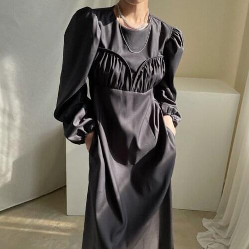 Korean Elegant White Long Dress Womens Spring 2021new O Neck Loose Long Puff Sleeve Solid Color Maxi Dresses Female Vestidos