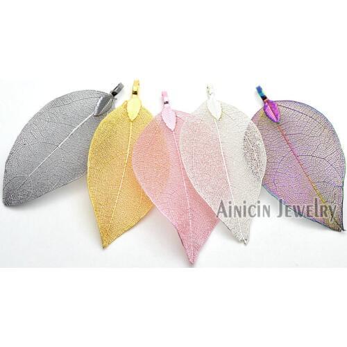 10pcs Real Leaves Metal Color Plated Pendants Silver Gold Pink Rainbow Leaf For Pendant And Earring Making Findings