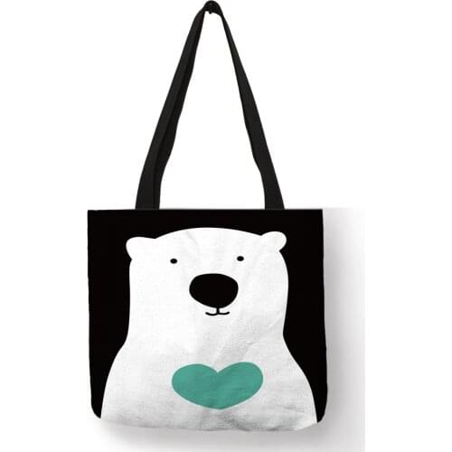 Cute Heart Bear Print Linen Tote Bag Folding Reusable Shopping Bags For Women Fabric Handbags Traveling Beach Bags