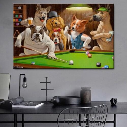 Modern HD Canvas Printing Animals Dogs Playing Billiards God Snooker Oil Painting Art Home Decoration Poster on Canvas Wall Art