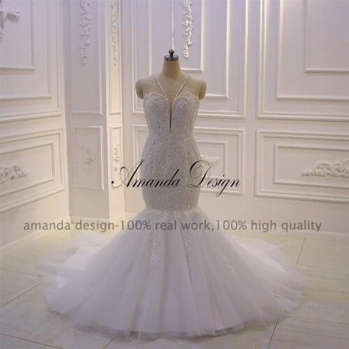 Amanda Design Wedding Gowns Spaghetti Straps Lace Applique Crystal Mermaid African Wedding Dress