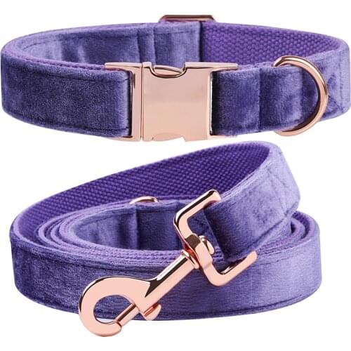 Unique Style Paws Velvet Dog Cat Collar Purple Adjustable Collar and Leash Set