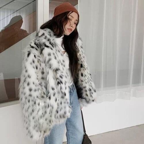 HIGH QUALITY Winter Notched Collar Hairy Shaggy Tuscan Cat Leopard Fur Jacket Furry Fur Women Jacket Short Outerwear MT131
