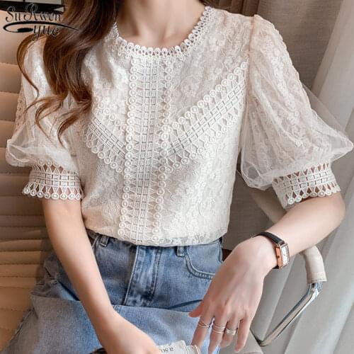 2021 Summer Shirt Short Sleeve Womens Lace Splicing Blouse Hollow Out Loose Ladies Top Puff Sleeve Womens Top and Blosue 14408