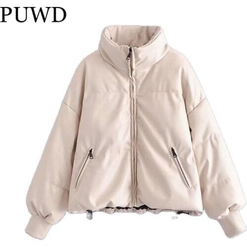 PUWD Women Faux Leather White Parka 2021 Winter Fashion Ladies Oversize Stand Collar Thick Cotton Jacket Female PU Outerwear