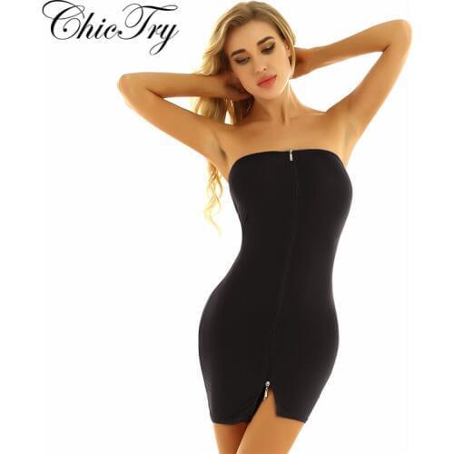 ChicTry Womens Female Sexy Lingerie Transparent Sheer Mesh See-Through Strapless Babydoll Clubwear Mini Dress Black Sleepwear