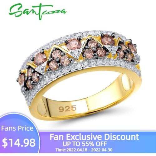 SANTUZZA Silver Rings For Woman Sparkling luxury Chocolate Cubic Zirconia Ring Female 925 Sterling Silver Rings Fine Jewelry