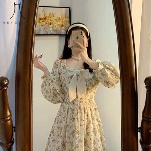 Heydress 2021 Autumn Vintage Floral Print Maxi Dress Women Long Sleeve Dress Female Bow Hight Waist Square Collar Casual Vestido