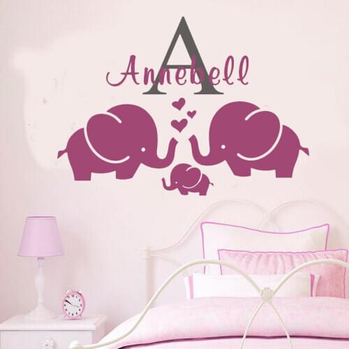 100cm Cartoon Personalized Name Elephant family Wall Decal Kids Nursery Room Decor vinyl wall sticker for baby KW-159