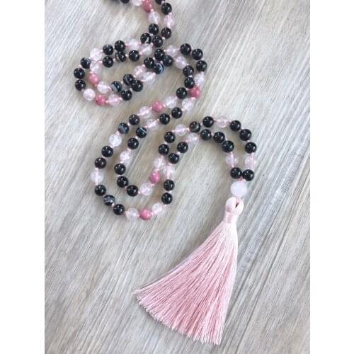 108 Mala Bead Necklace RoseQuartz Stripe agates Necklace Heart Chakra Knotted Necklaces Prayer Yoga Meditation Mala Necklaces