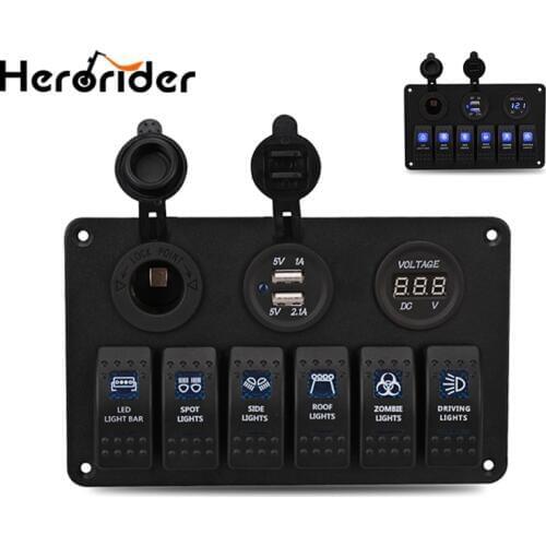 Car Boat 6 Gang Rocker Switch Panel Waterproof Digital Voltmeter 12V Cigarette Socket 3.1A Double USB Power Charger Adapter